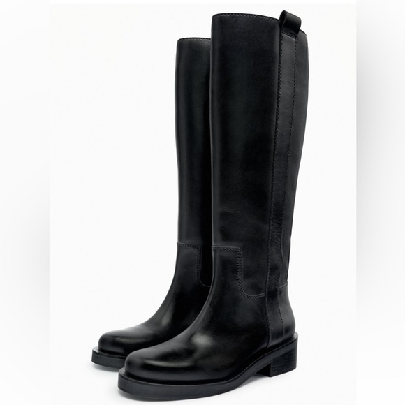 Zara Shoes Zara 0 Leather Wooster Black Flat Knee High Boots Poshmark